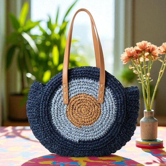 🆕Boho Chic Coastal Style Navy Round Straw Shoulder Bag with Lining & Zip Pocket - Picture 8 of 12